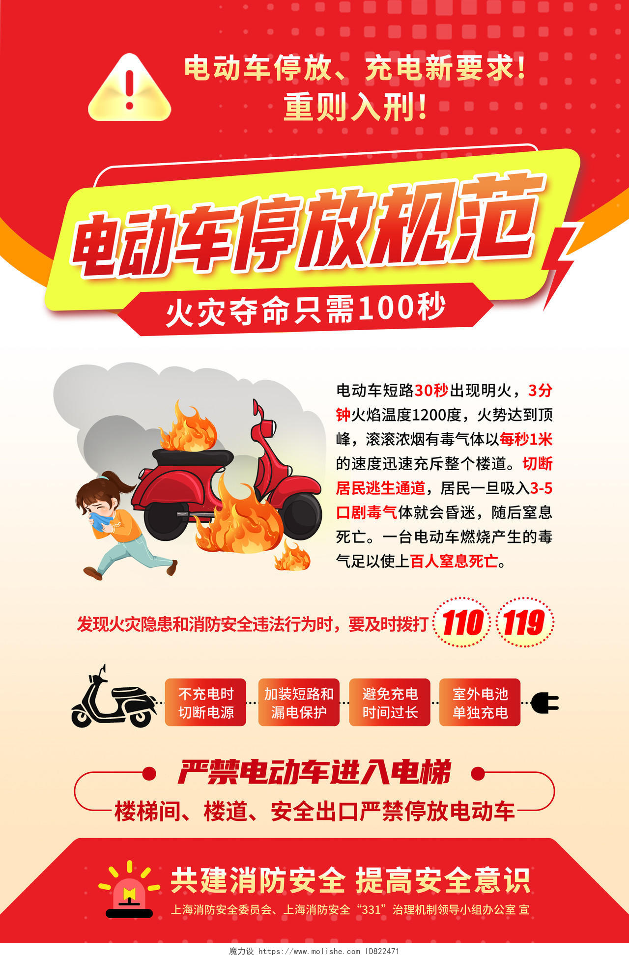 红色卡通创意电动车消防安全海报文明安全宣传手机海报